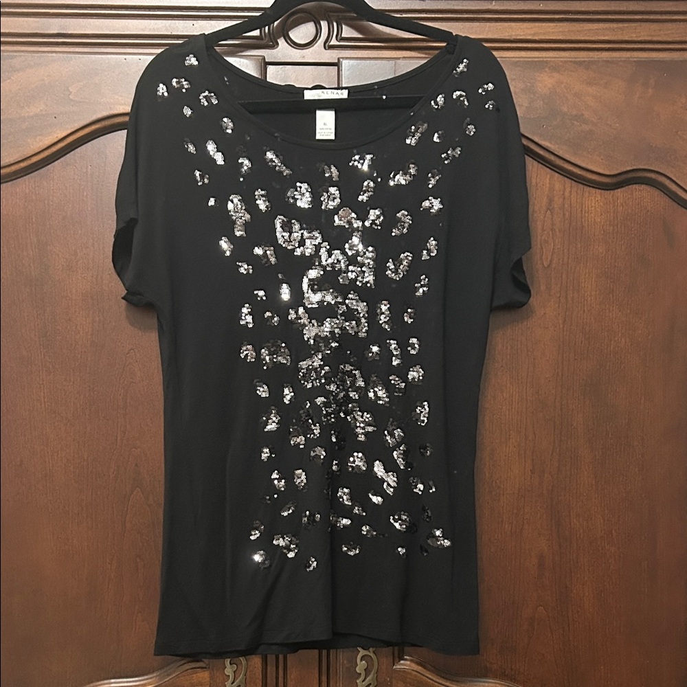Kenar Black Sequin Short Sleeve Top